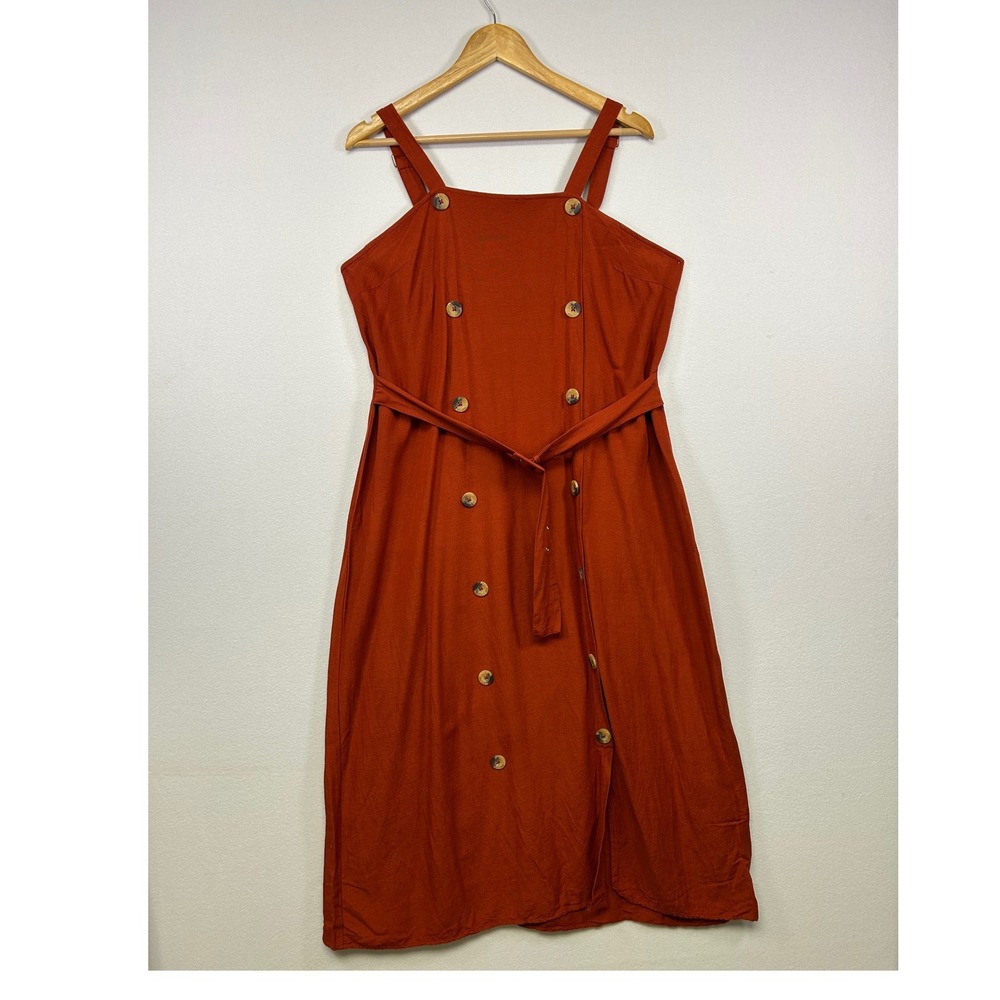 Boho Cottagecore Splash Womens Size 12 Rust Orange Linen Blend Midi Button Dress
